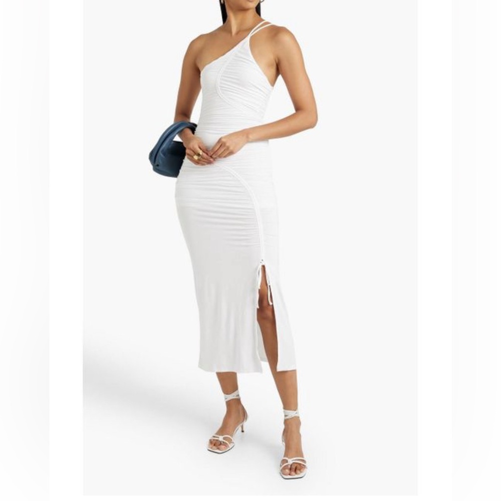 Jonathan SIMKHAI White Midi Dress Size Small Jessica Ruched Bodycon One Shoulder